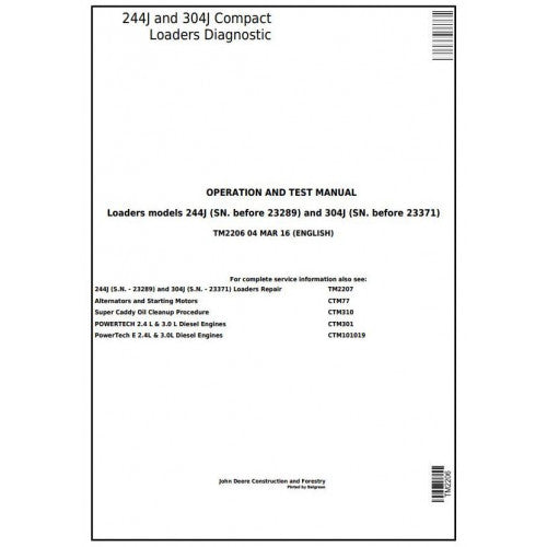 John Deere 244J, 304J Compact Loader Pdf Diagnostic, Operation and Tests Service Manual TM2206