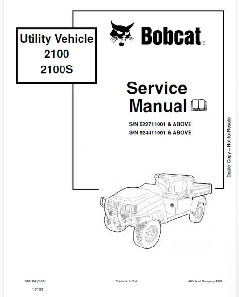 Bobcat 2100, 2100S Utility Vehicle Pdf Repair and Service Manual (Pb no. 6901987)