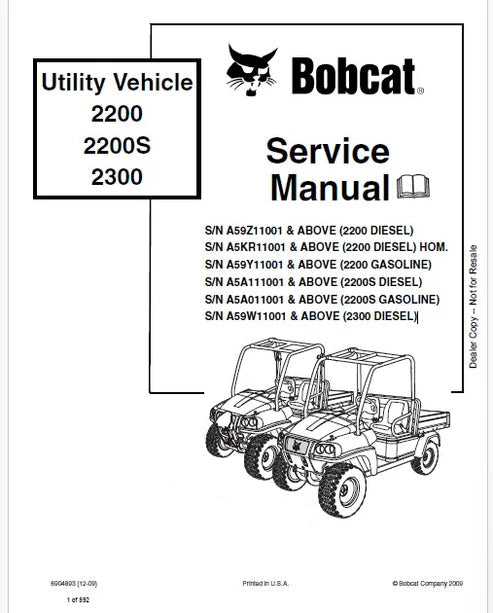 Bobcat 2200, 2200S, 2300 Utility Vehicle Pdf Repair and Service Manual