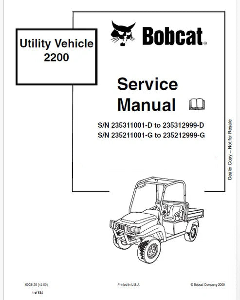 Bobcat 2200 Utility Vehicle Pdf Repair and Service Manual (Pb no. 6903129)