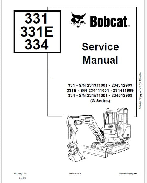 Bobcat 331E Excavator Pdf Repair and Service Manual S/N 234411001 - 234411999