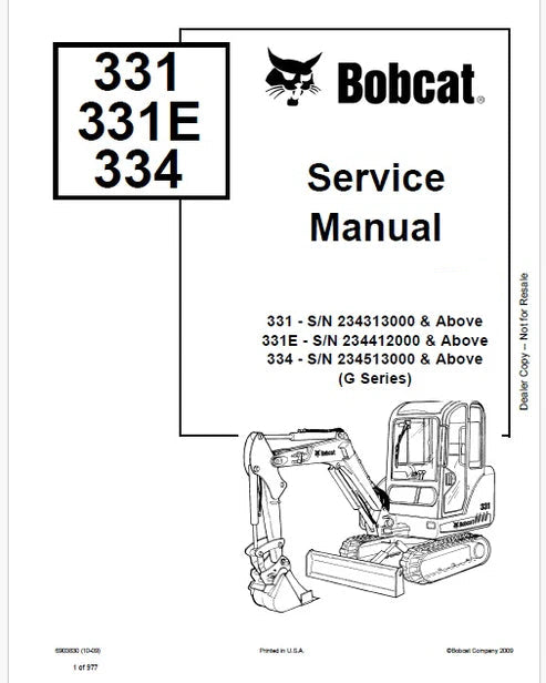 Bobcat 331E Excavator Pdf Repair and Service Manual S/N 234412000 & Above