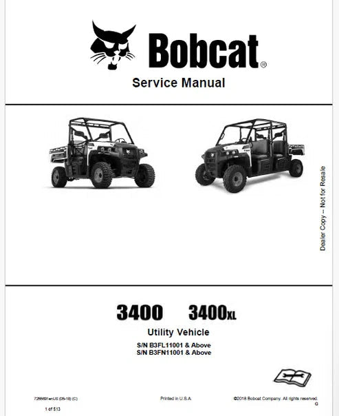 Bobcat 3400, 3400XL Utility Vehicle Pdf Repair and Service Manual (Pb no. 7255691enUS)