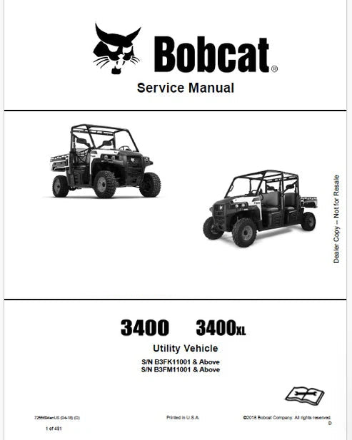 Bobcat 3400, 3400XL Utility Vehicle Pdf Repair and Service Manual (Pb no. 7255694enUS)