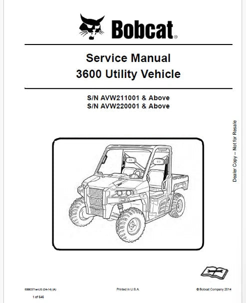 Bobcat 3600 Utility Vehicle Pdf Repair and Service Manual (Pb no. 6990371enUS)