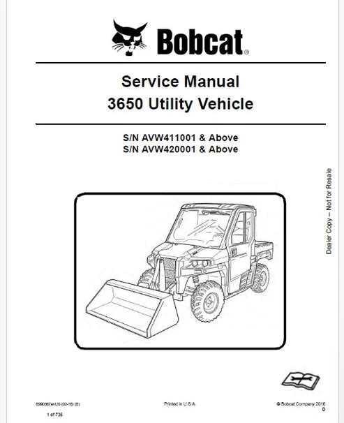 Bobcat 3650 Utility Vehicle Pdf Repair and Service Manual (Pb no. 6990367enUS)