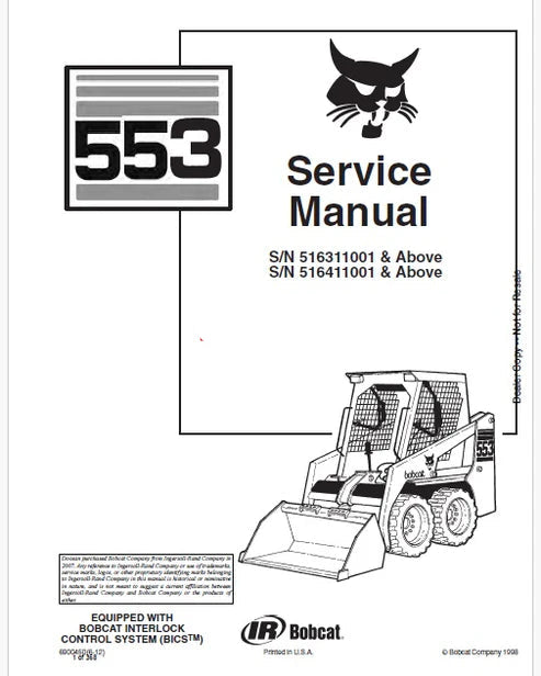 Bobcat 553 Skid Steer Loader Pdf Repair and Service Manual (Pb no. 6900450)
