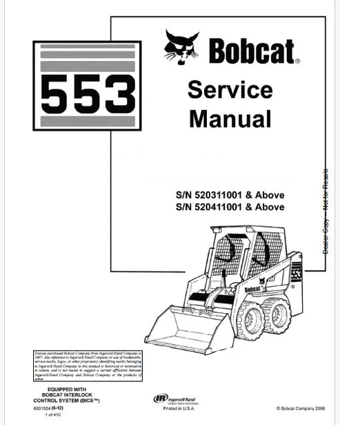 Bobcat 553 Skid Steer Loader Pdf Repair and Service Manual (Pb no. 6901824)