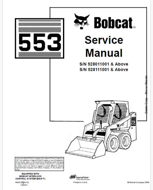 Bobcat 553 Skid Steer Loader Pdf Repair and Service Manual (Pb no. 6903125)