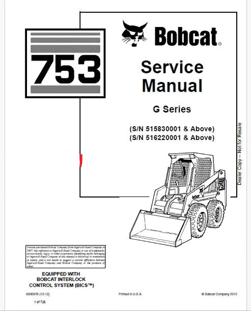 Bobcat 753 Skid Steer Loader Pdf Repair and Service Manual (G Series)