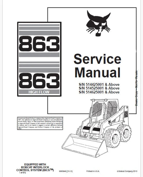 Bobcat 863, 863 High Flow Skid Steer Loader Pdf Repair and Service Manual (Pb no. 6900648)