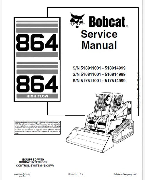 Bobcat 864, 864 High Flow Skid Steer Loader Pdf Repair and Service Manual (Pb no. 6900945)