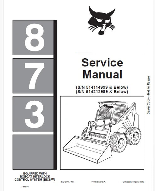 Bobcat 873 Skid Steer Loader Pdf Repair and Service Manual (Pb no. 6724280)