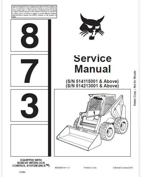 Bobcat 873 Skid Steer Loader Pdf Repair and Service Manual (Pb no. 6900382)