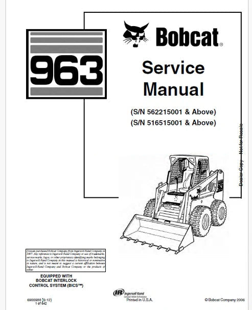 Bobcat 963 Skid Steer Loader Pdf Repair and Service Manual (Pb no. 6900988)
