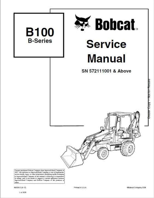 Bobcat B100 Backhoe Loader Pdf Repair and Service Manual (Pb no. 6901844)