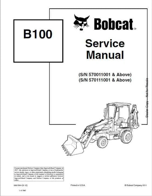Bobcat B100 Loader Backhoe Pdf Repair Service Manual (Pb no. 6902812)