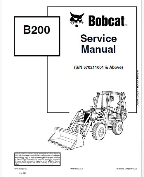 Bobcat B200 Loader Backhoe Pdf Repair Service Manual (Pb no. 6901848)