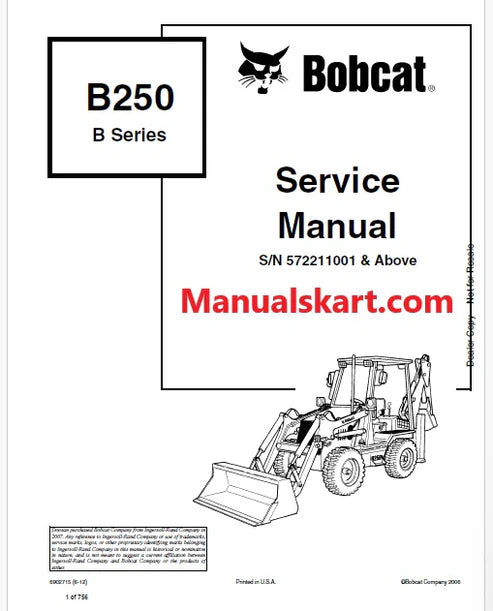 Bobcat B250 Loader Backhoe B Series Pdf Repair Service Manual (Pb no. 6902715)