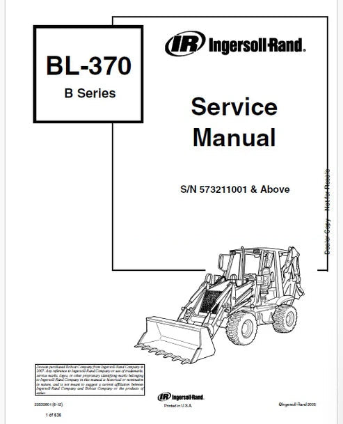 Bobcat BL370 Backhoe Loader B Series Pdf Repair and Service Manual (Pb no. 22535801)