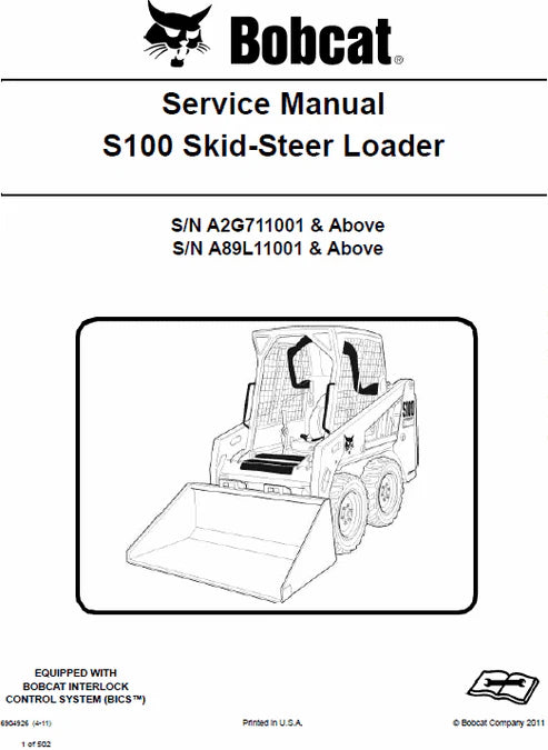 Bobcat S100 Skid Steer Loader Pdf Repair and Service Manual (Pb no. 6904926)