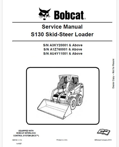 Bobcat S130 Skid Steer Loader Pdf Repair and Service Manual (Pb no. 6987032)
