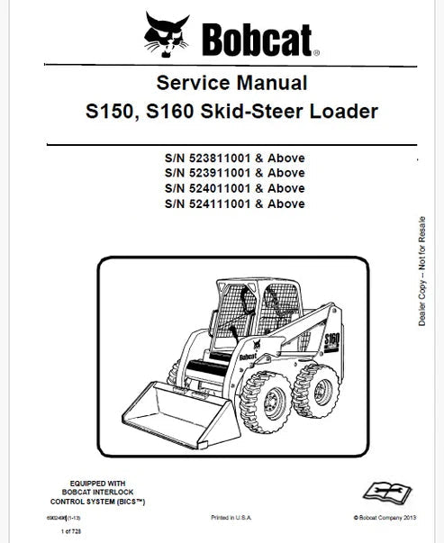 Bobcat S150, S160 Skid Steer Loader Pdf Repair and Service Manual (Pb no. 6902498)