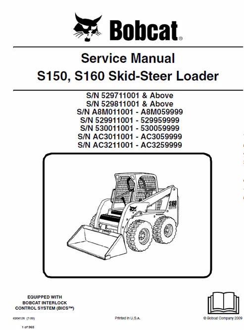 Bobcat S150, S160 Skid Steer Loader Pdf Repair and Service Manual (Pb no. 6904126)