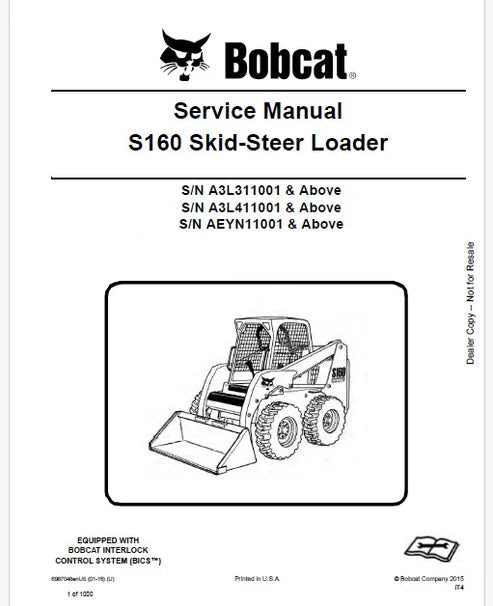 Bobcat S160 Skid Steer Loader Pdf Repair and Service Manual (Pb no. 6987048enUS)