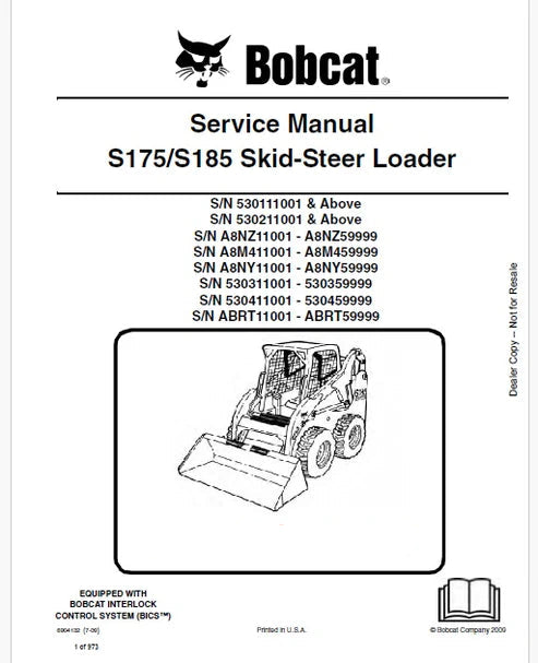 Bobcat S175, S185 Skid Steer Loader Pdf Repair and Service Manual (Pb no. 6904132 en)