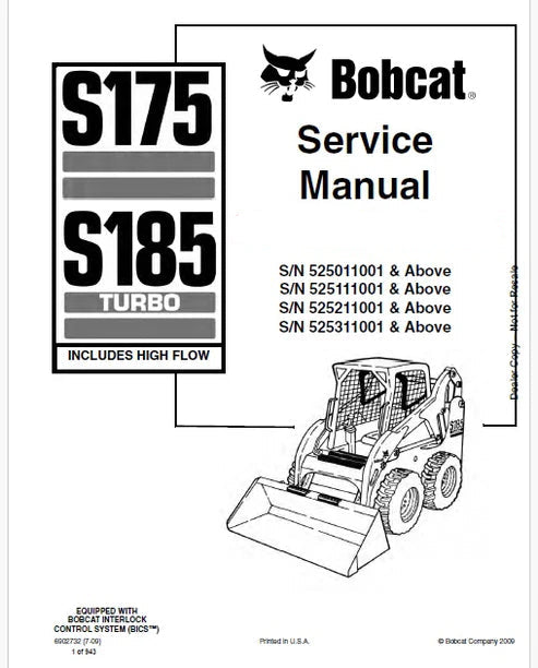 Bobcat S175, S185 Turbo High Flow Skid Steer Loader Pdf Repair and Service Manual (Pb no. 6902732 en)