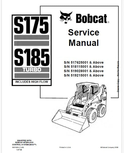 Bobcat S175, S185 Turbo High Flow Skid Steer Loader Pdf Repair and Service Manual