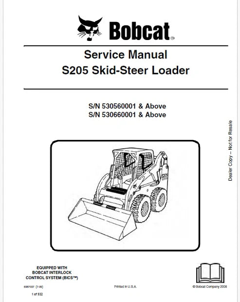 Bobcat S205 Skid Steer Loader Pdf Repair and Service Manual (Pb no. 6987037 en)