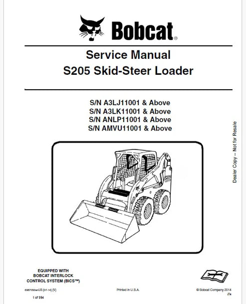 Bobcat S205 Skid Steer Loader Pdf Repair and Service Manual (Pb np. 6987050 en)