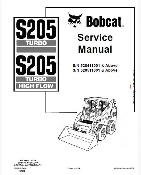 Bobcat S205 Turbo, S205 Turbo High Flow Skid Steer Loader Pdf Repair and Service Manual