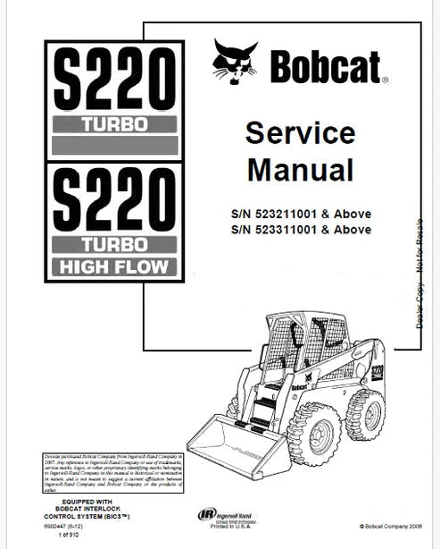 Bobcat S220 Turbo, S220 Turbo High Flow Skid Steer Loader Pdf Repair and Service Manual (Pb np. 6902447 en)