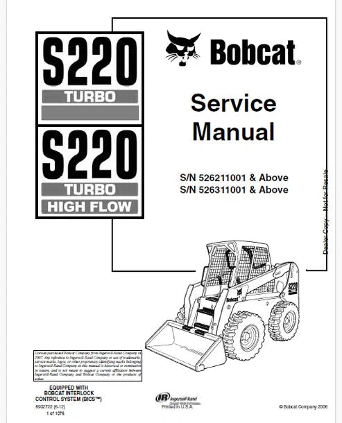 Bobcat S220 Turbo, S220 Turbo High Flow Skid Steer Loader Pdf Repair and Service Manual (Pb np. 6902722 en)