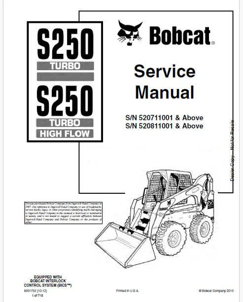 Bobcat S250 Turbo, S250 Turbo High Flow Skid Steer Loader Pdf Repair and Service Manual (Pb np. 6901752 en)