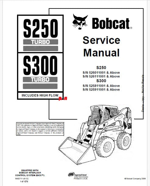 Bobcat S250 Turbo Skid Steer Loader Pdf Repair and Service Manual (Pb no. 6902711 en)
