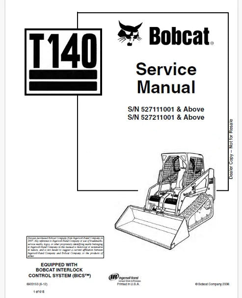 Bobcat T140 Skid Steer Loader Pdf Repair and Service Manual (Pb no. 6903153)