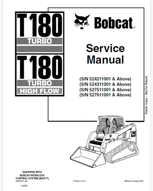 Bobcat T180 Turbo, T180 Turbo High Flow Skid Steer Loader Pdf Repair and Service Manual (Pb no. 6902502)