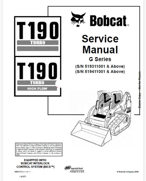 Bobcat T190 Turbo, T190 Turbo High Flow Compact Track Loader Pdf Repair and Service Manual (Pb no. 6901117)