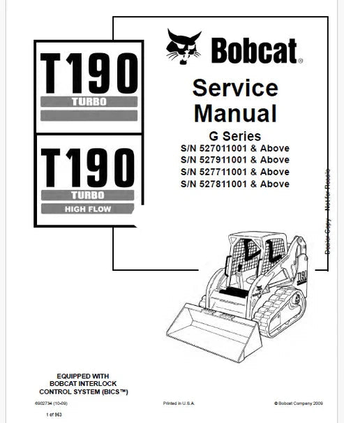 Bobcat T190 Turbo, T190 Turbo High Flow Compact Track Loader Pdf Repair and Service Manual (Pb no. 6902734)