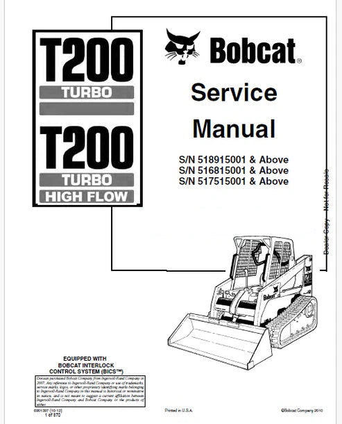 Bobcat T200 Turbo, T200 Turbo High Flow Compact Track Loader Pdf Repair and Service Manual (Pb no. 6901397)