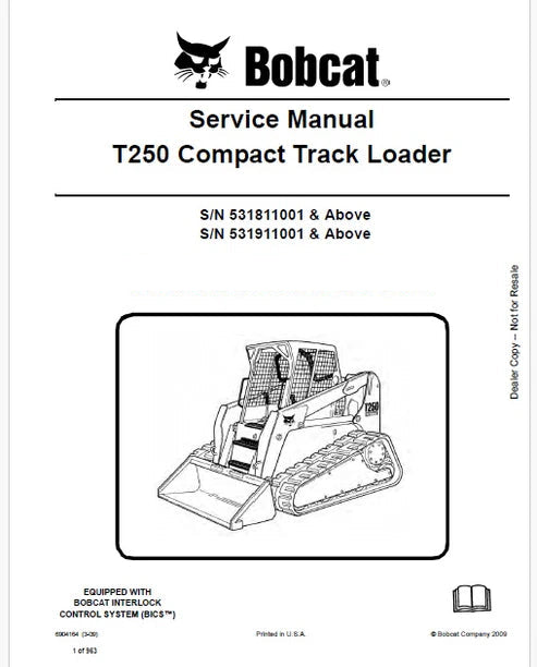 Bobcat T250 Compact Track Loader Pdf Repair and Service Manual (Pb no. 6904164)