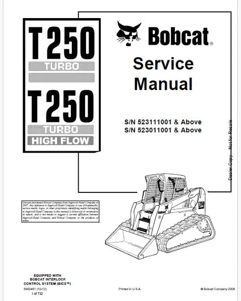 Bobcat T250 Turbo, T250 Turbo High Flow Compact Track Loader Pdf Repair and Service Manual (Pb no. 6902451)