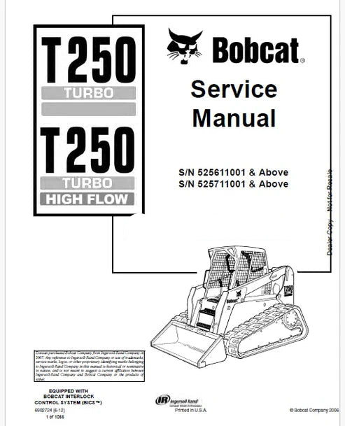 Bobcat T250 Turbo, T250 Turbo High Flow Compact Track Loader Pdf Repair and Service Manual (Pb no. 6902724)