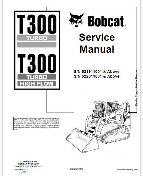 Bobcat T300 Turbo, T300 Turbo High Flow Compact Track Loader Pdf Repair and Service Manual (Pb no. 6901936)
