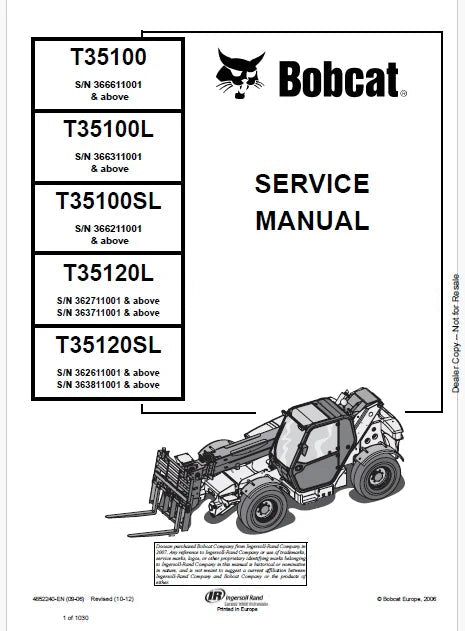 Bobcat T35100 Telescopic Handler Pdf Repair and Service Manual (Pb no. 4852240-EN)