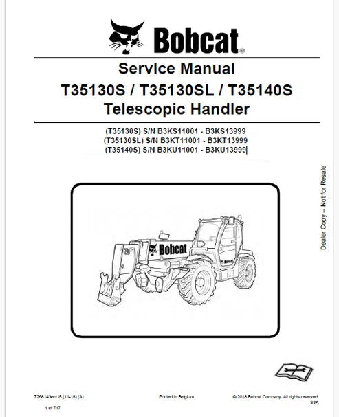 Bobcat T35130SL Telescopic Handler Pdf Repair and Service Manual (Pb no. 7268143enUS)